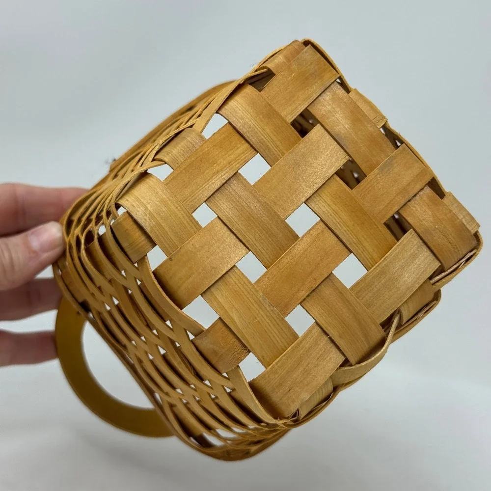 Square Woven Wood Splint Basket with Handles Natural Honey Brown Farmhouse Decor